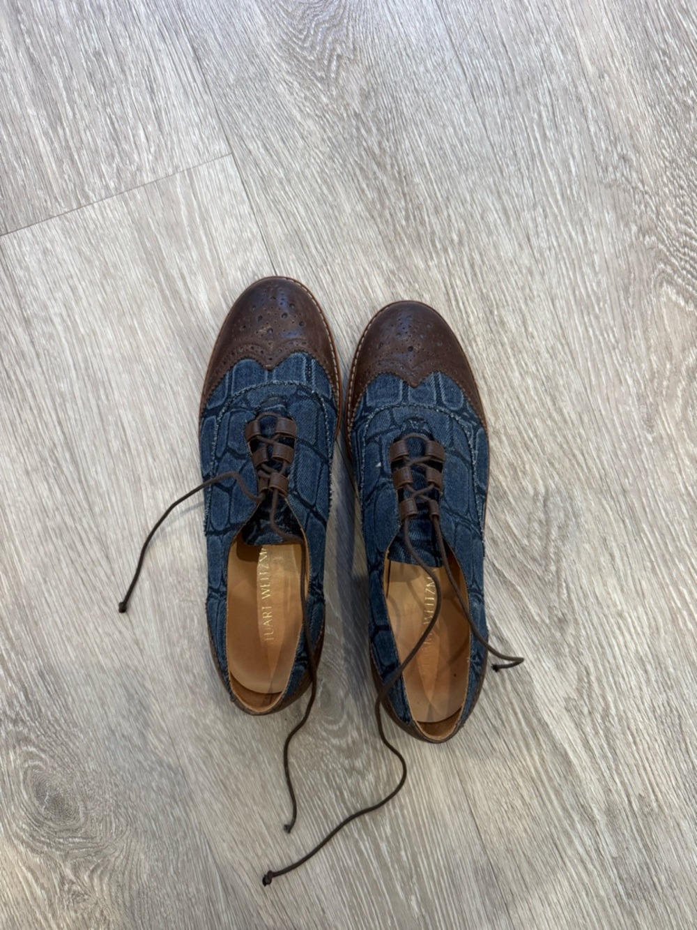 Stuart Weitzman Blue Denim and Brown Leather Wingtip Loafers